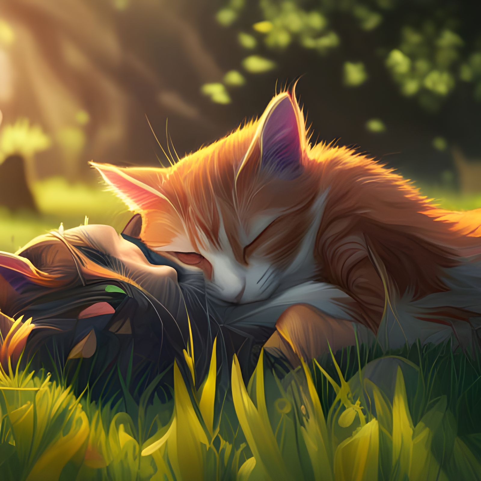 Cats Sleeping in Grass: Hyperdetailed Concept Art