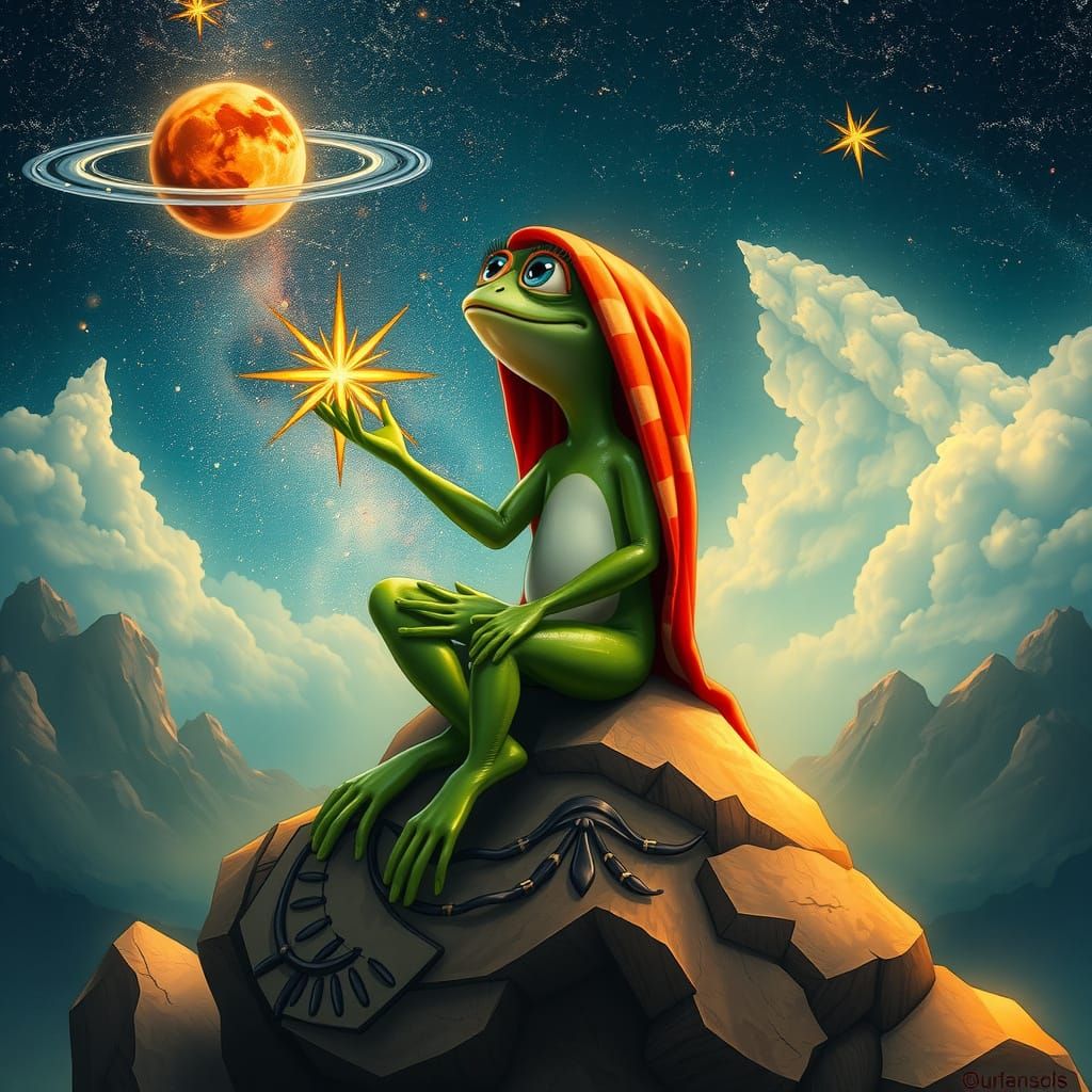 Red-Hooded Frog in Lotus Position Under Moonlight