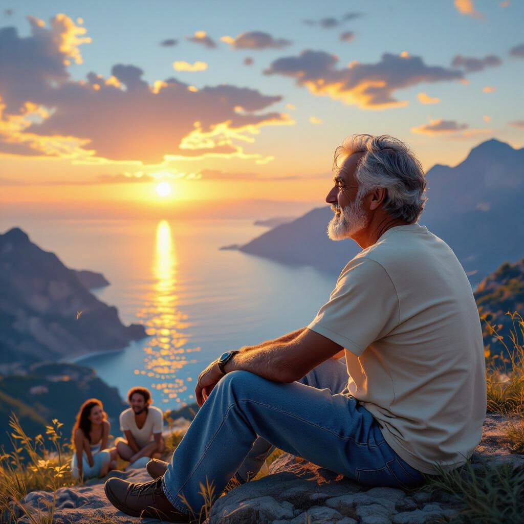 Old Man Gazing at Friends: Matte Painting Style