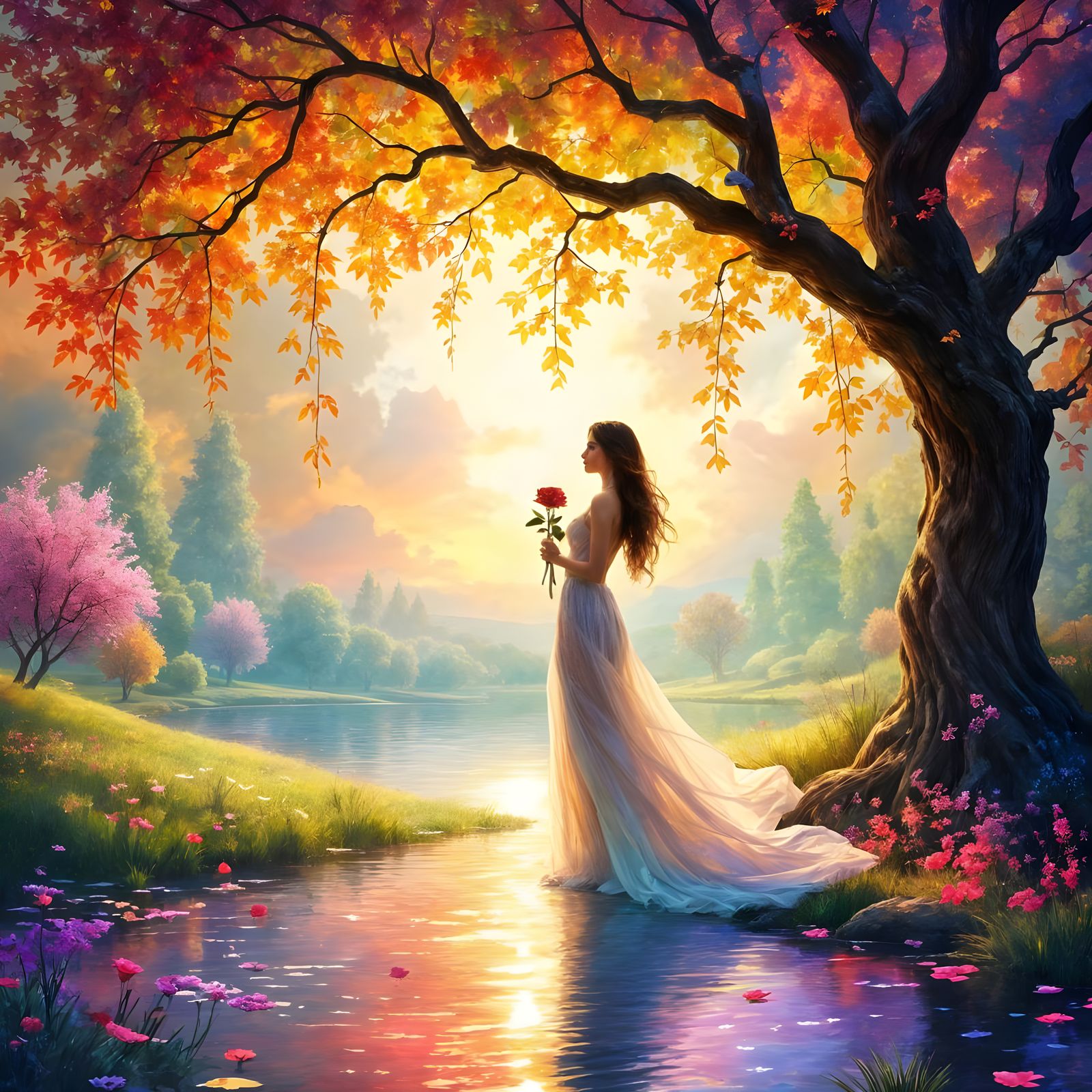 Elegant Woman with Rose in Vibrant Landscape
