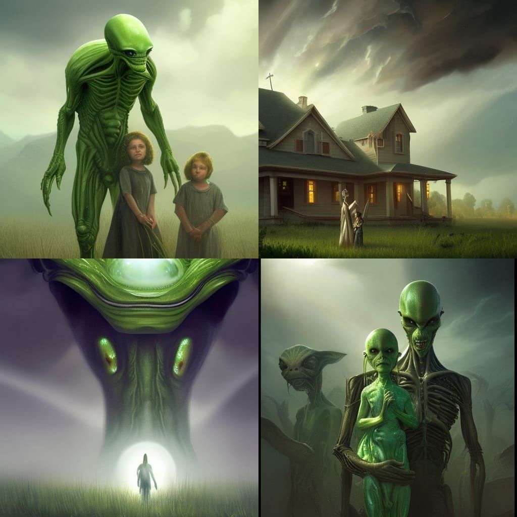 Alien family photo, american gothic alien, highly detailed, green skin, big eyes, clouds, sun rays, beautiful