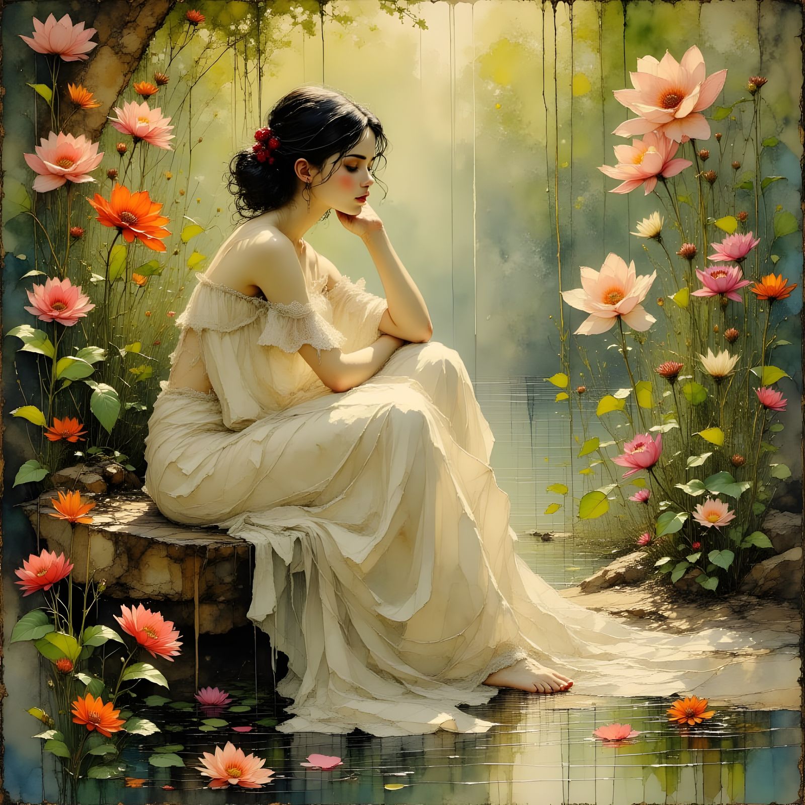 Ethereal Nymph Bathing in a Lush Garden