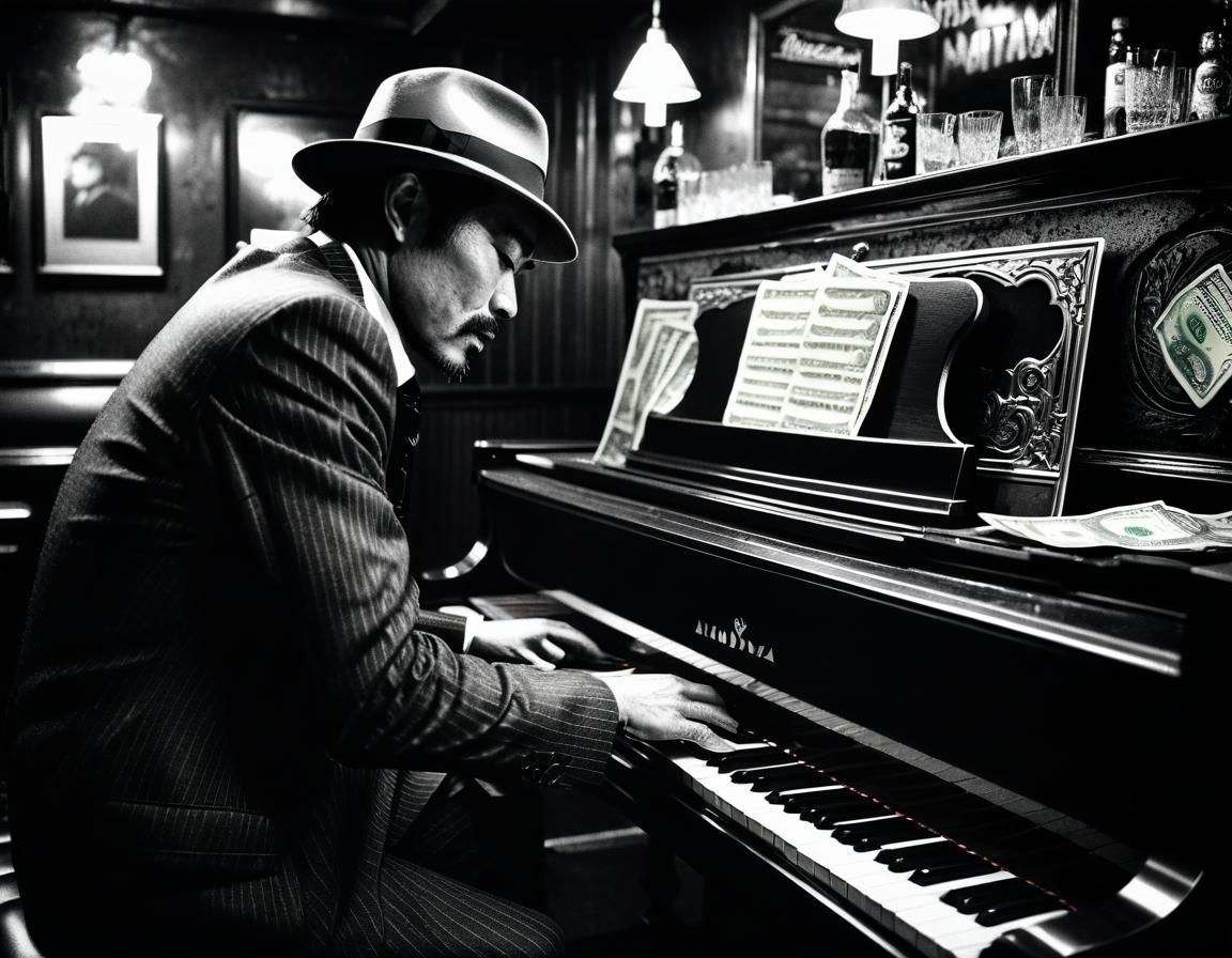 Monochrome Piano Man in Dark Bar, Grainy Film Noir