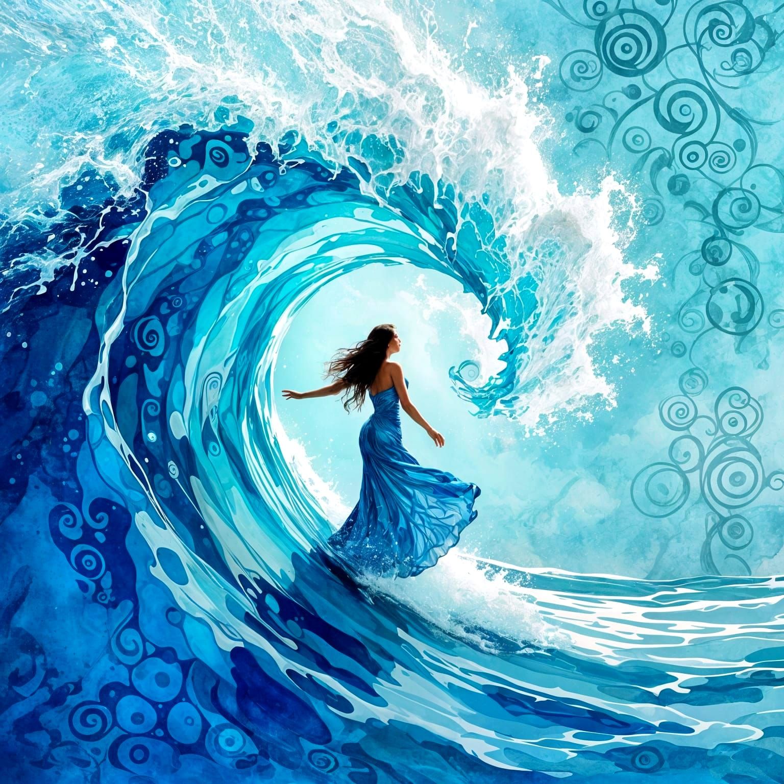 Woman Rides a Wave in Klimt-Inspired Symbolism