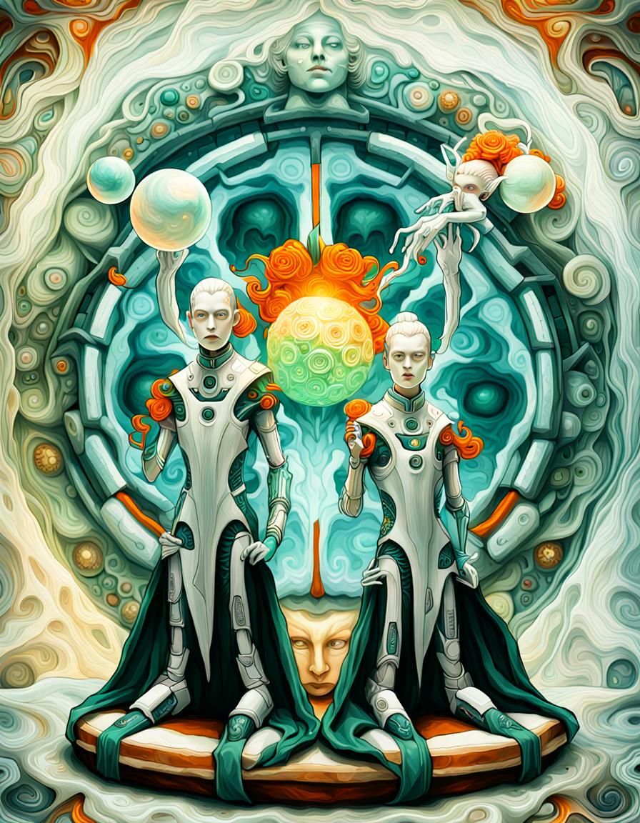 two white elves with titanium robots heads on astral project...