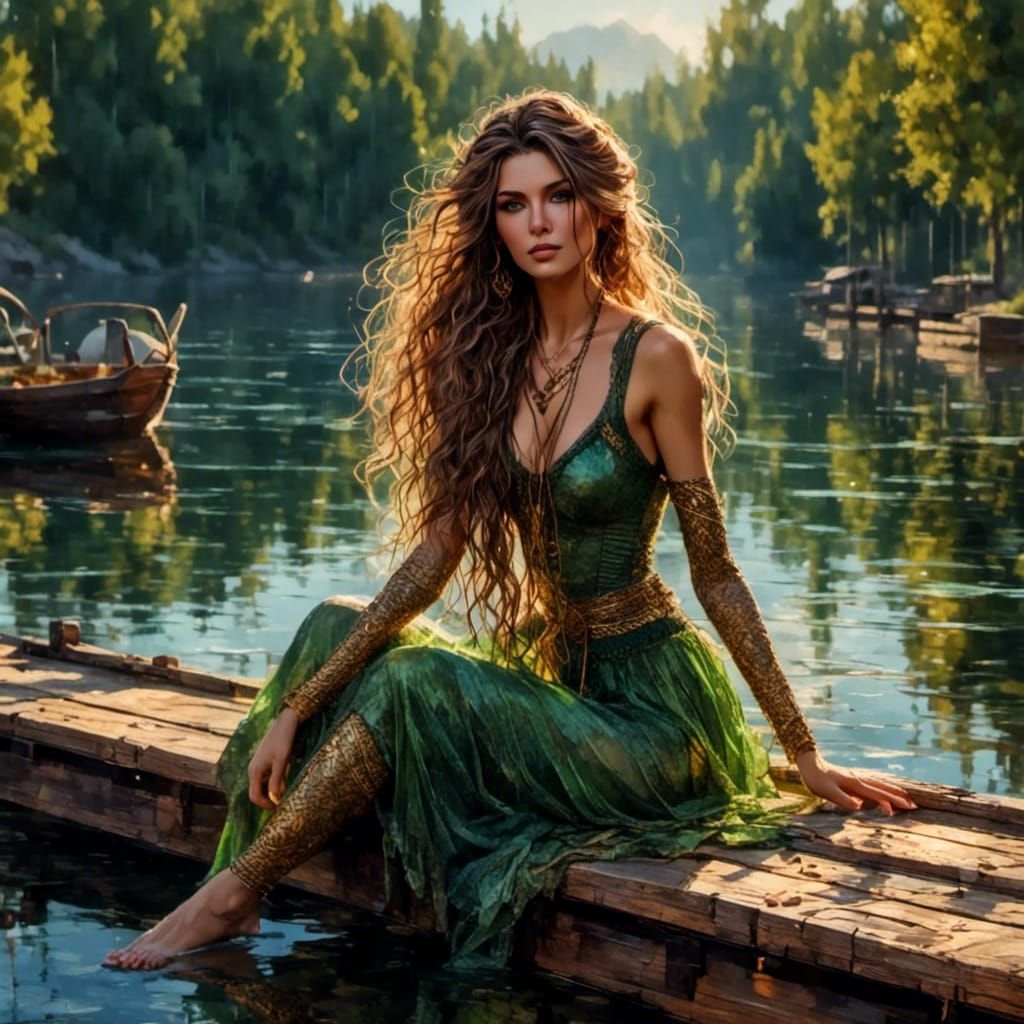Woman on Dock with Decorative Braids in Serene Scene