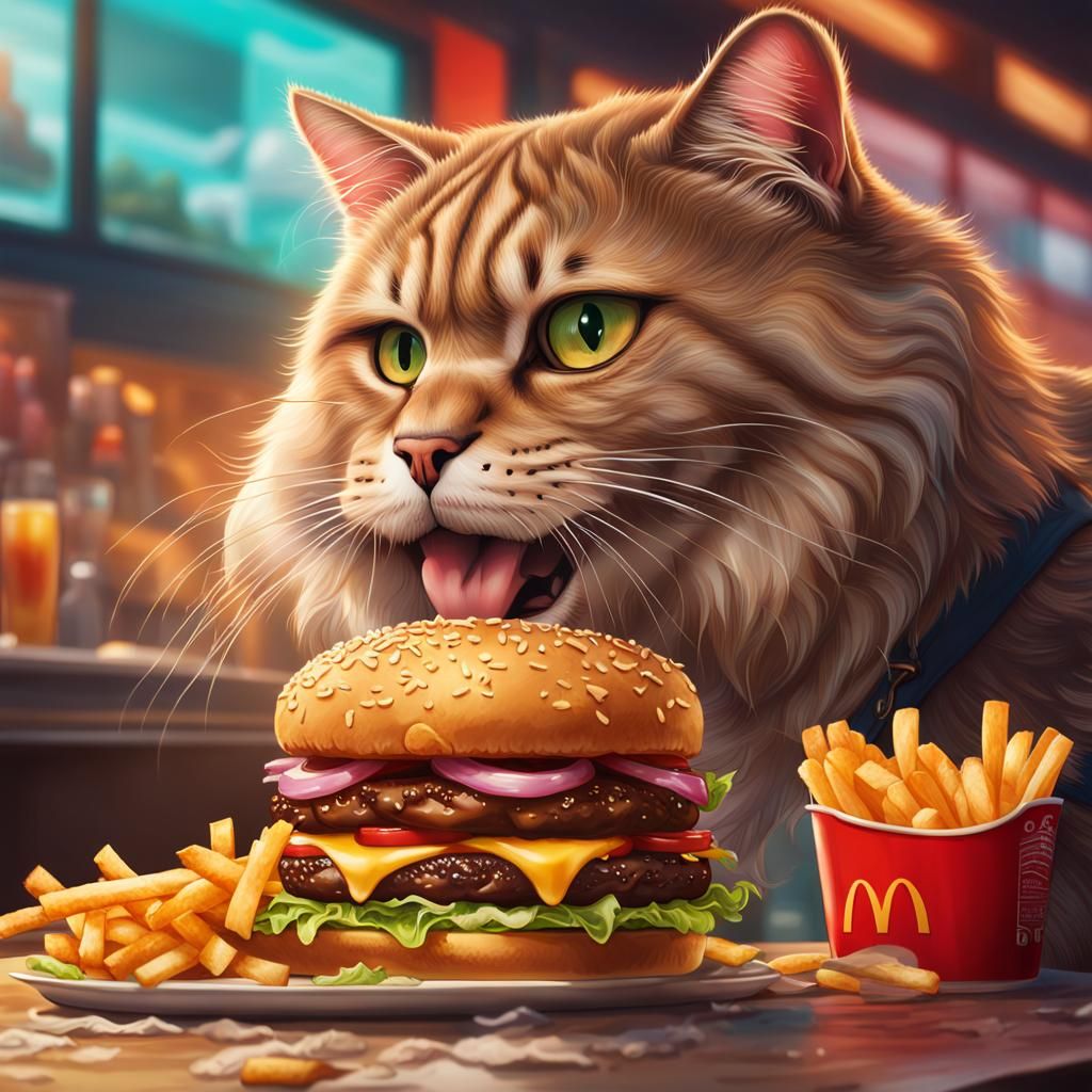 Maine Coon Cat Enjoys Burger at McDonald's