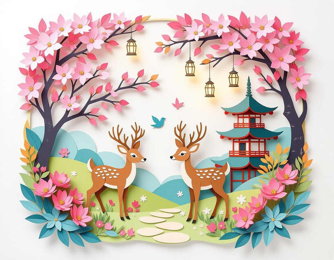 Whimsical Watercolour Spring Orchard with Deer and Lanterns