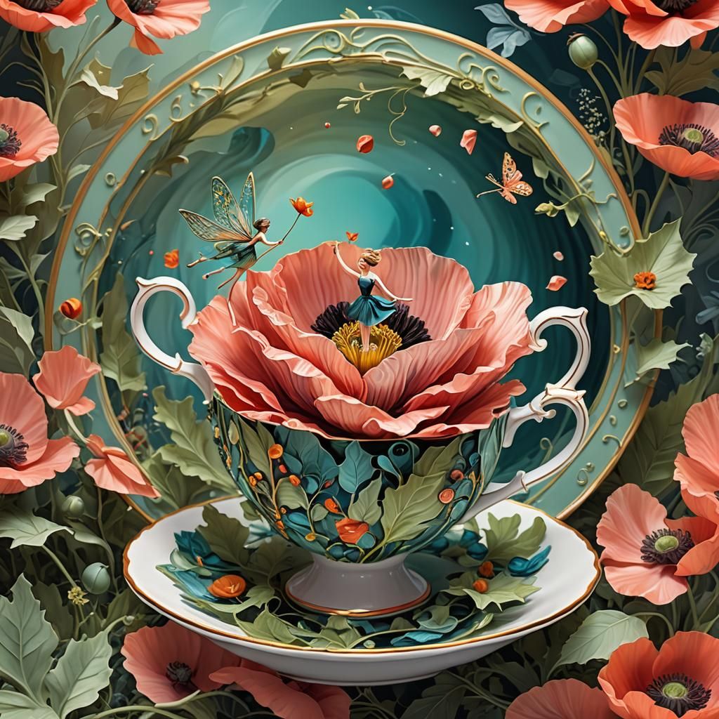 Poppy Teacup Fairy with Magic Silk Leaves