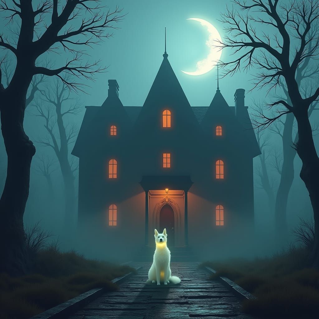 Ghost Dog Guarding Haunted Mansion in Gloomy Landscape
