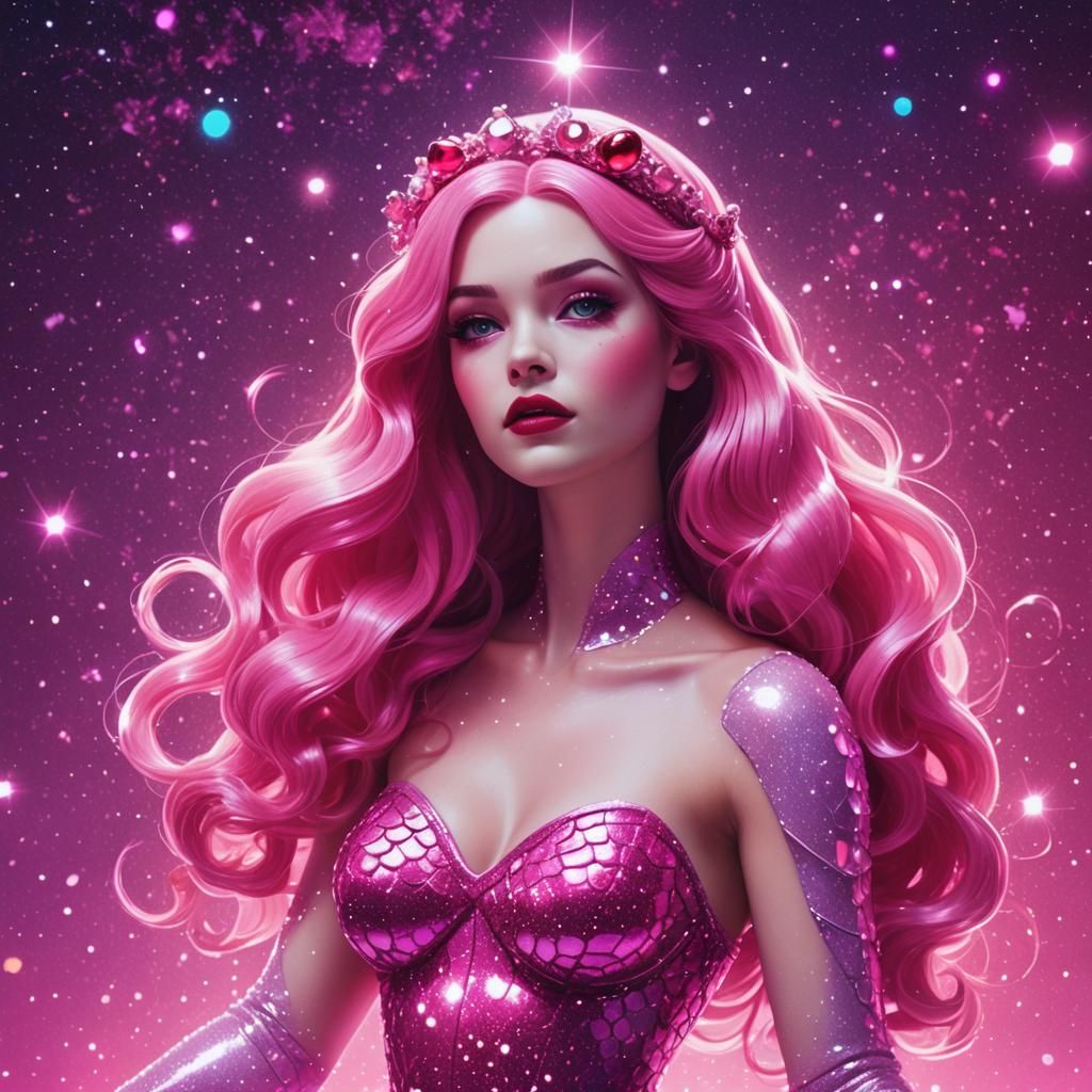 Snow White Space Mermaid in Synthwave Neon