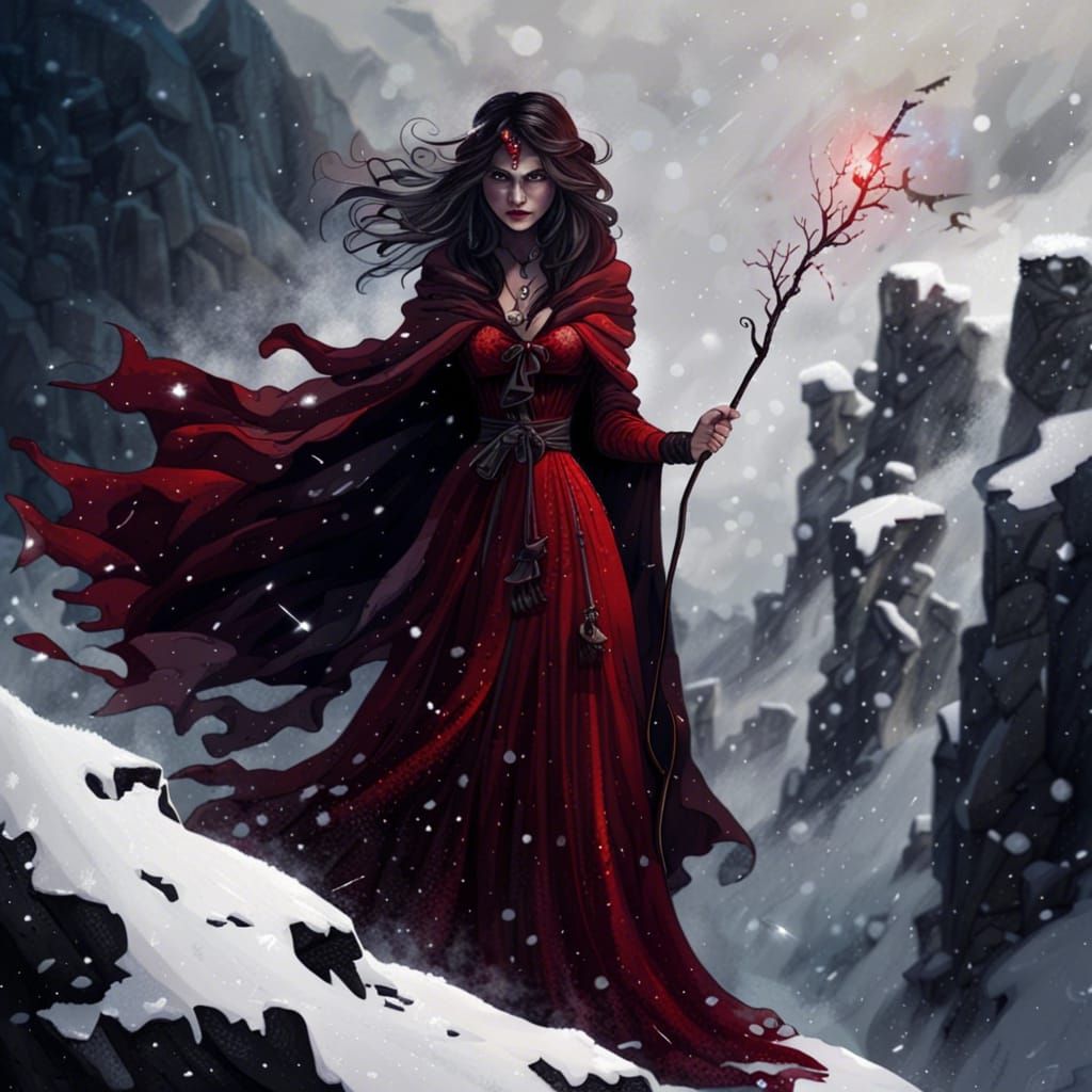 Winter Witch Conjuring Shadows in a Snowstorm