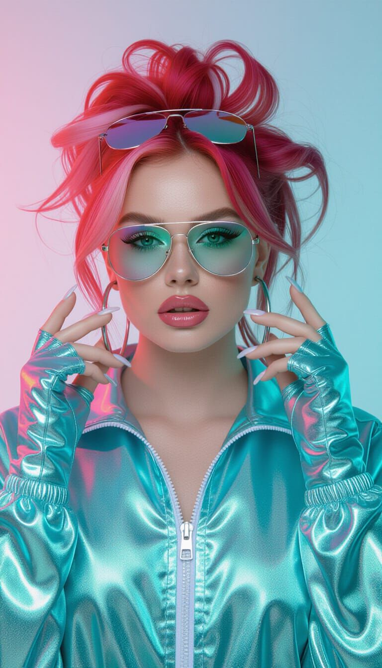 80s Retro-Futuristic Woman in Liquid Metal Tracksuit