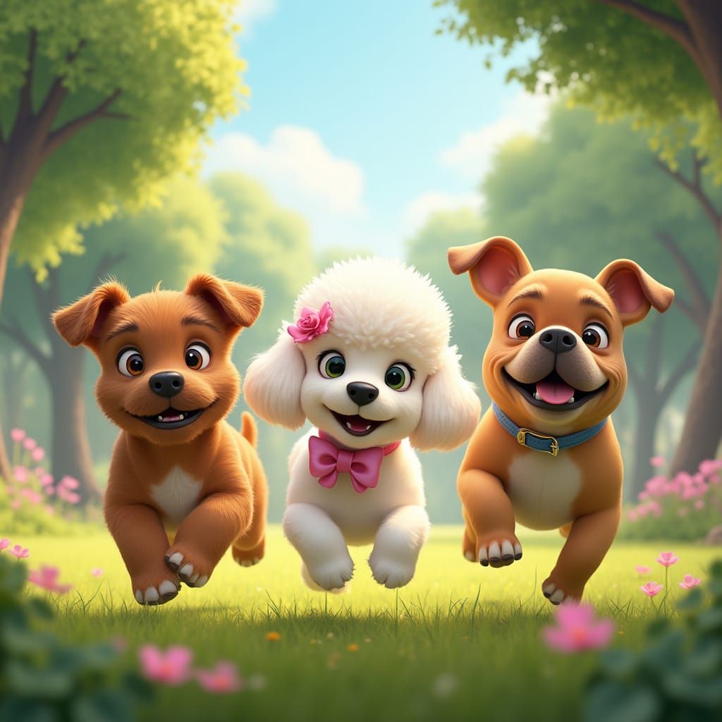 Three Lovable Canine Friends Frolic in Whimsical Park