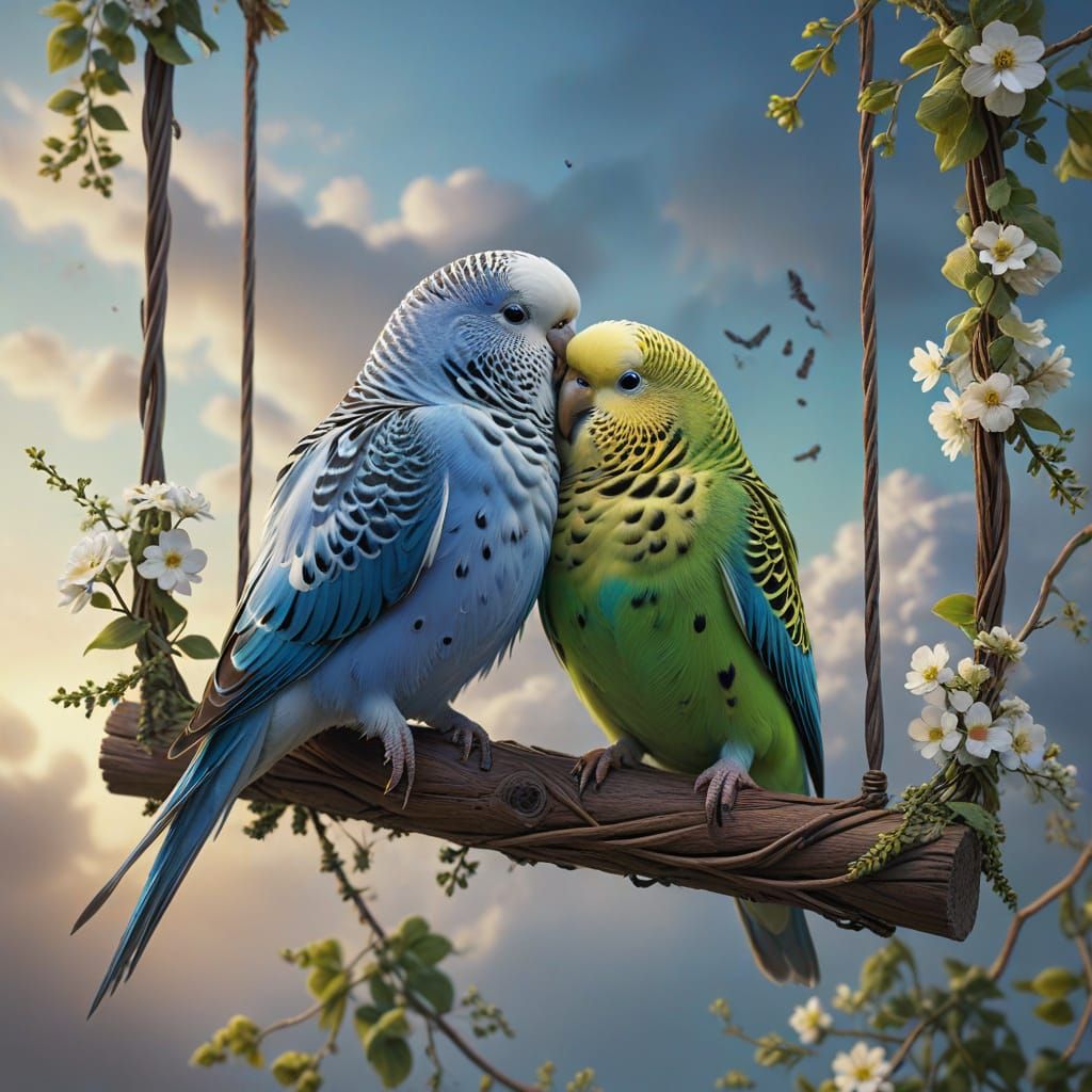 Two young parakeets swinging in a tree
