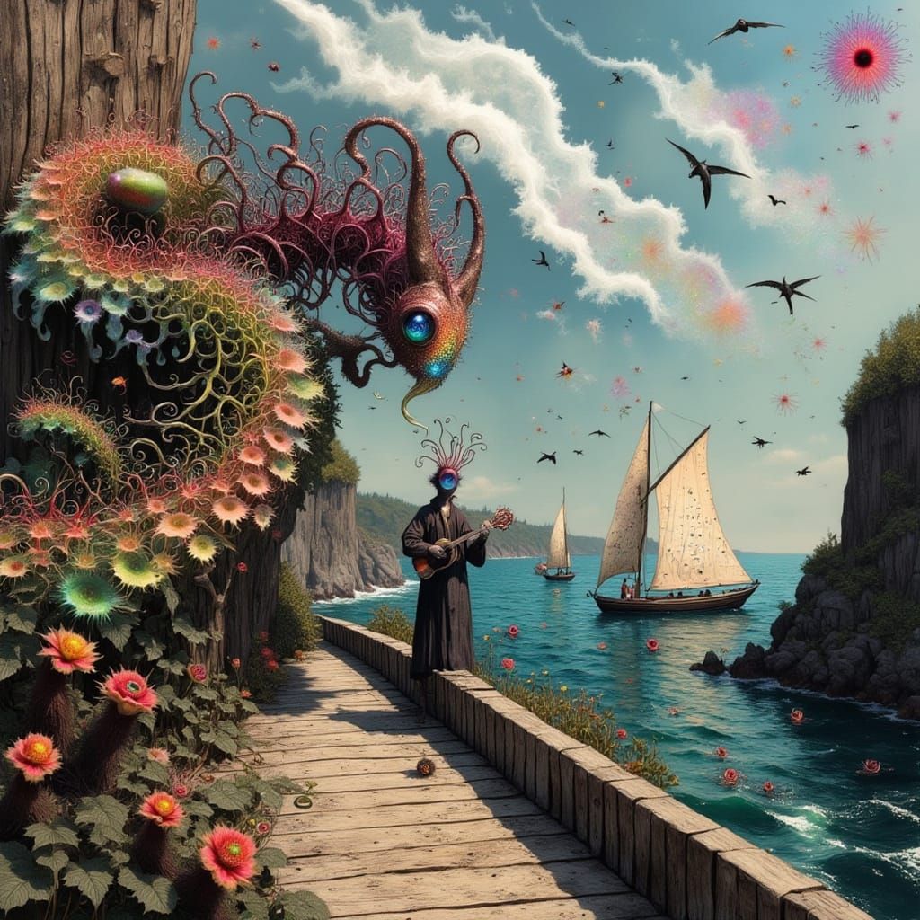 Whimsical Seaside Dragon in a Rainbow-Hued Paradise