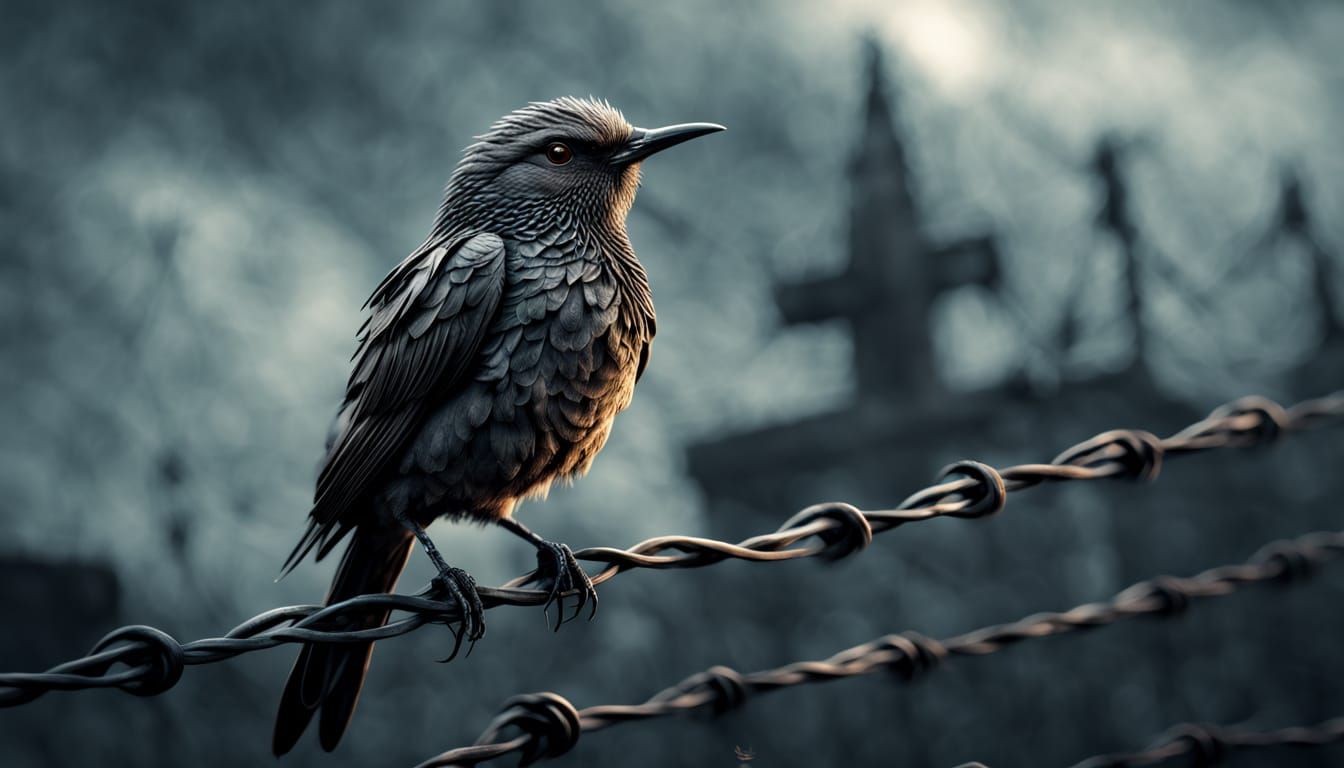 Hyperrealistic Barbed Wire Bird in Dark Fantasy Style