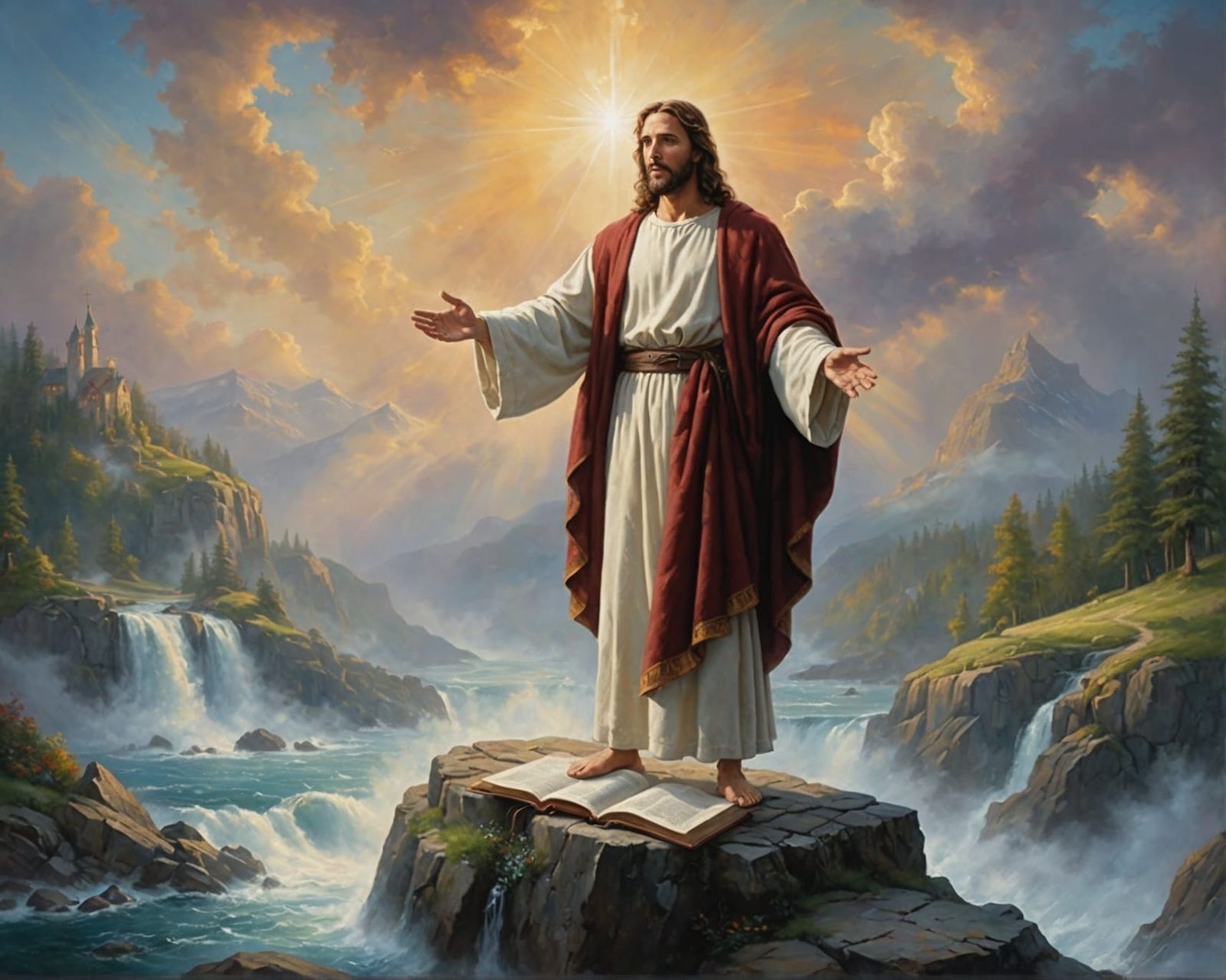 Jesus Stands on Bible in Oil Painting