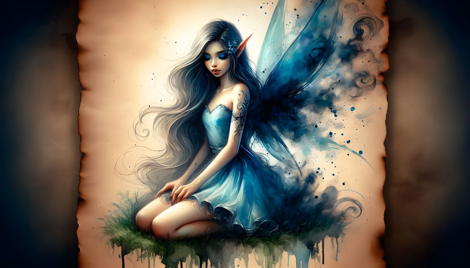 Enchanting Faerie in Ink and Watercolor on Burnt Parchment