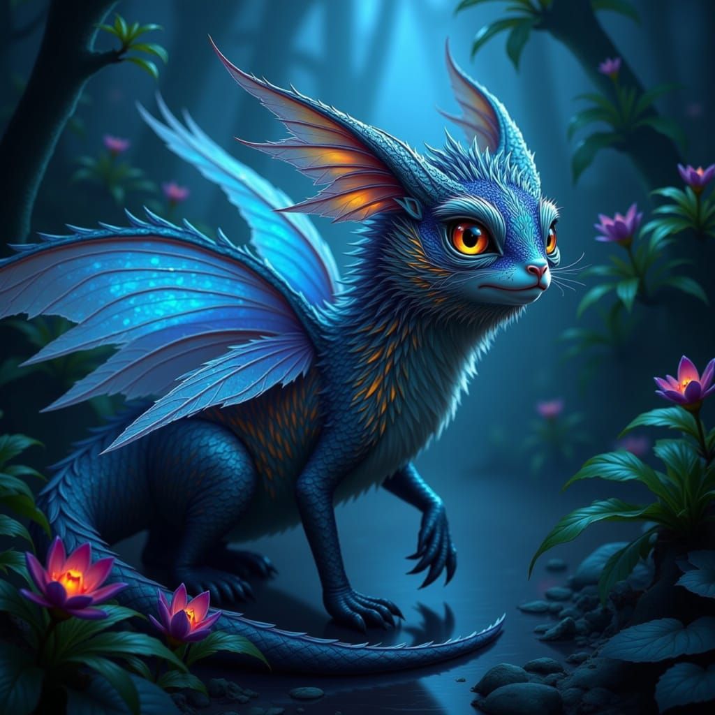 Fantastical Creature in Bioluminescent Forest Digital Painti...