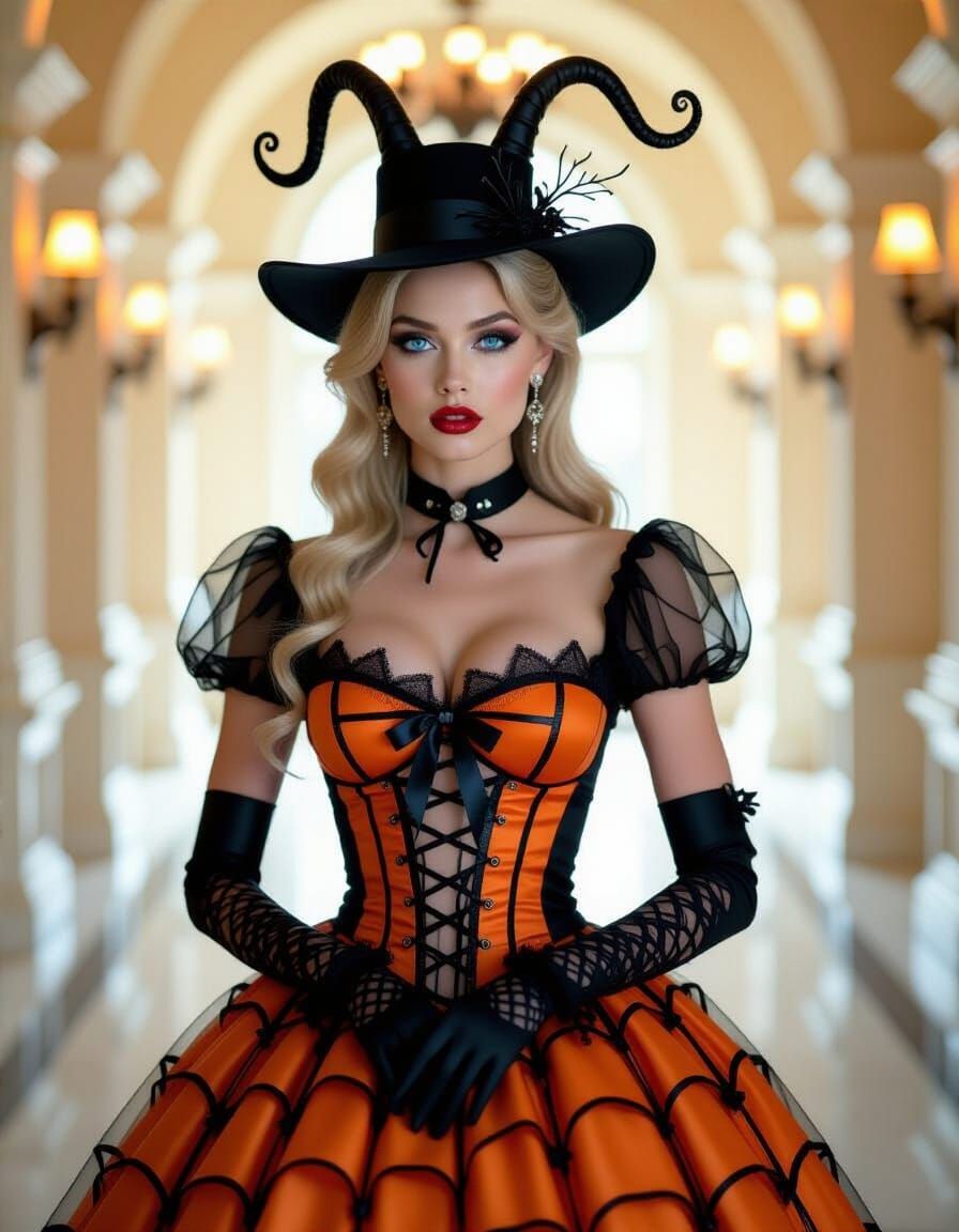 Glamorous Halloween Model in Spider Web Dress