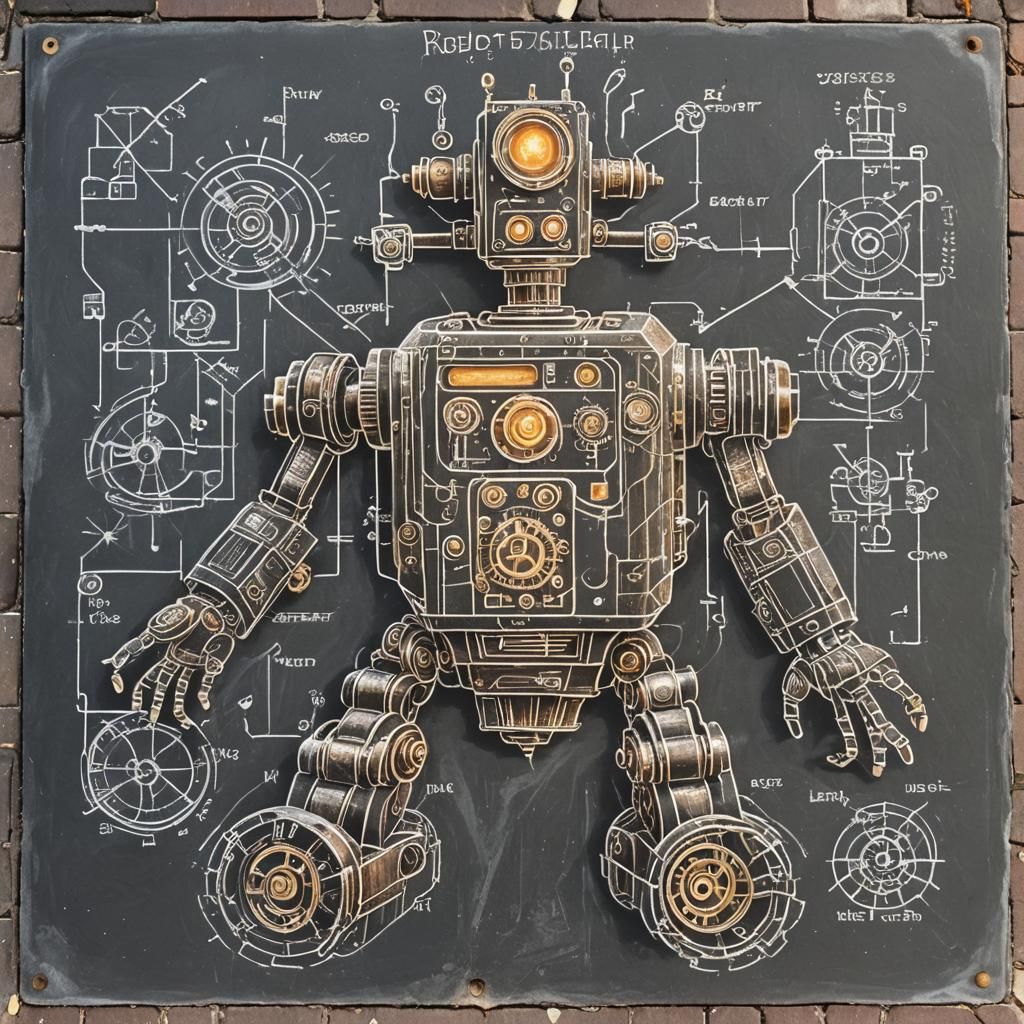 Steampunk Robot Schematics in Chalk Art