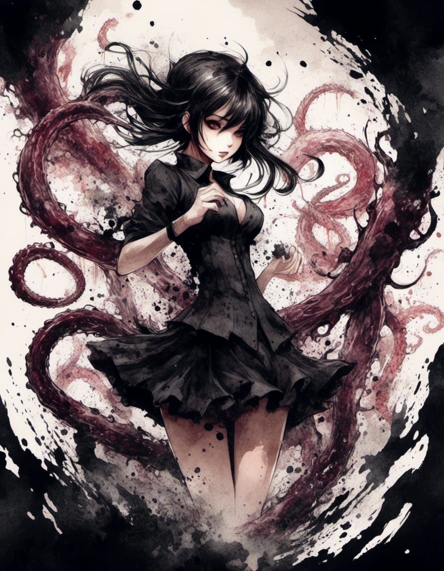 Anime Girl's Ink Tentacle Attack: Watercolor Art