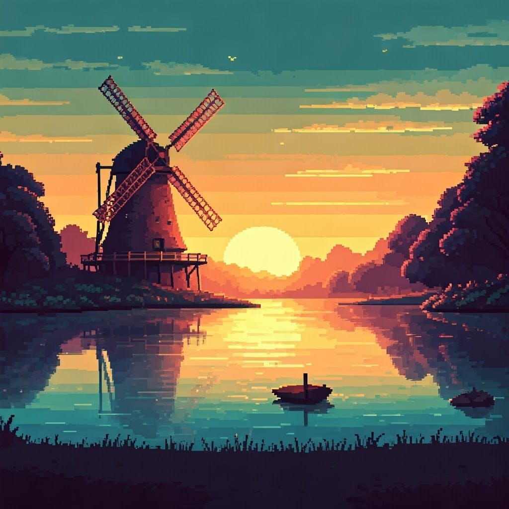 Golden Sunset Landscape with Windmill in Pixel Art