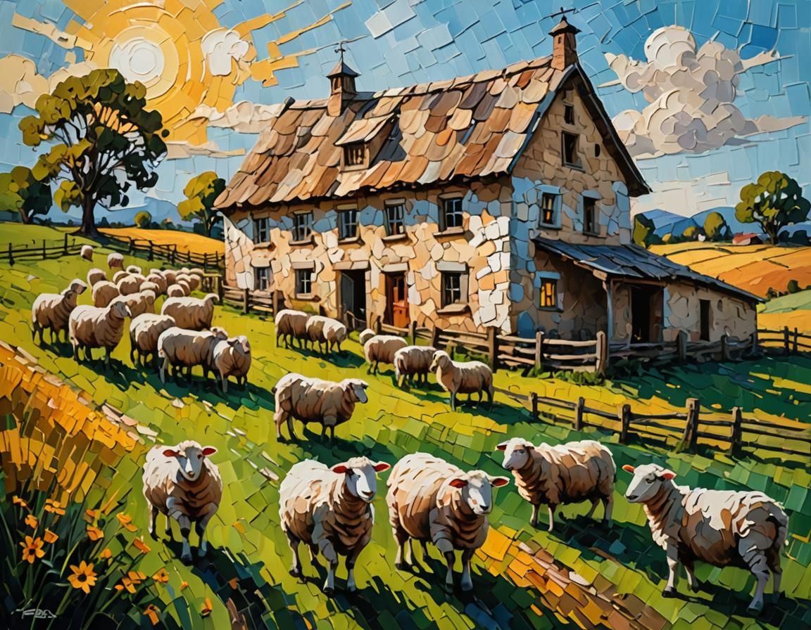 Impasto Farmhouse with Sheep: Dynamic Light and Shadow