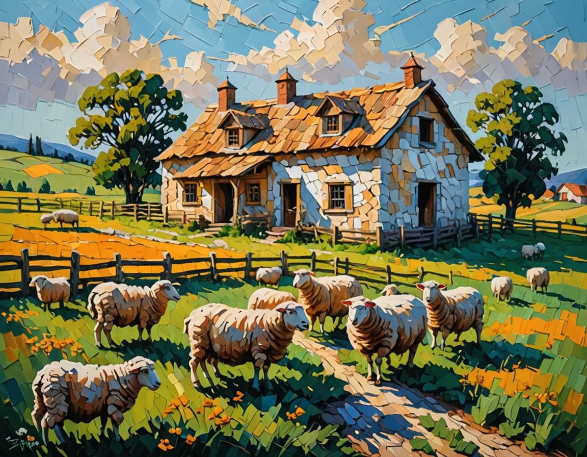 Old Farm with Sheep in Impasto Style