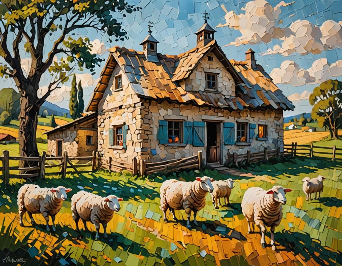 Impasto Farmhouse with Sheep Art