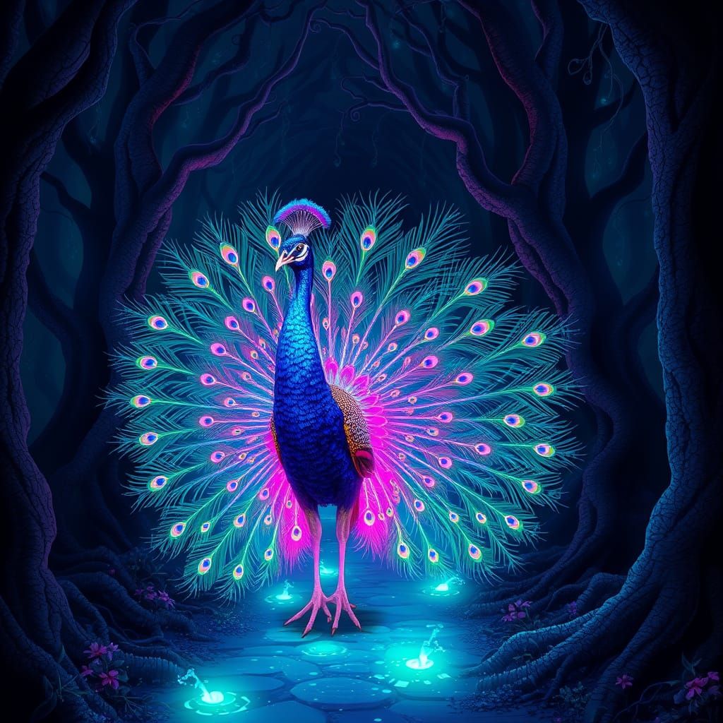 Art Nouveau Peacock Struts Down a Glowing Black Forest Trail