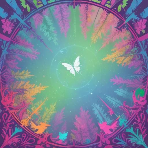 Vibrant Fantasy Forest with Flying Fairies, Vector Art