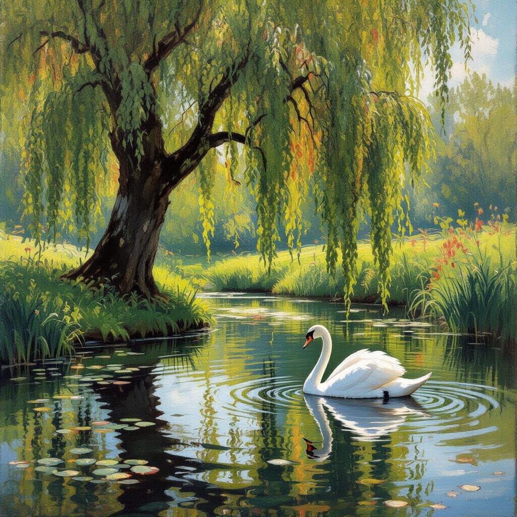Willow Tree and Swan on a Windy Day