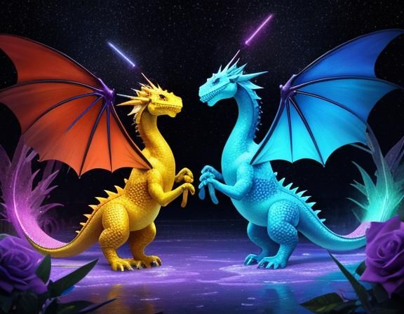 Rainbow Dragons with Neon Roses on Frozen Lake