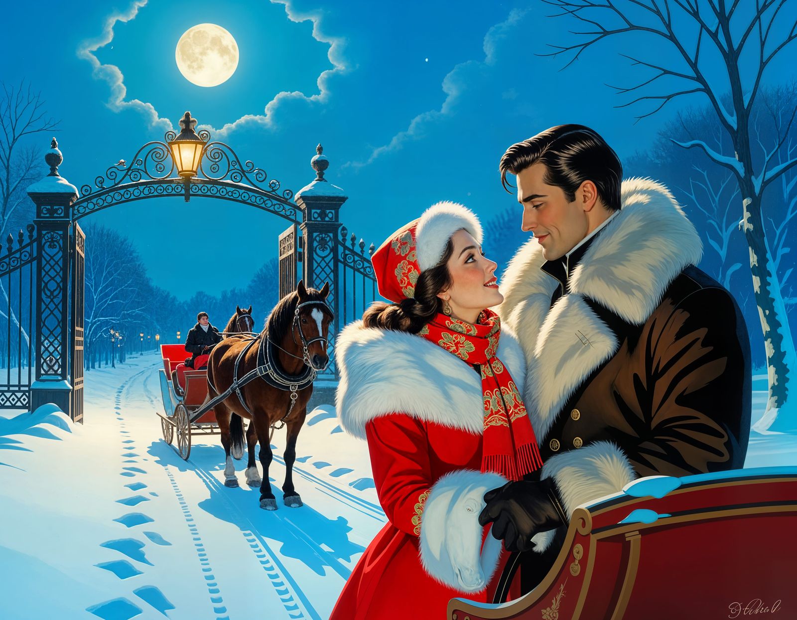 Couple Prepares for Winter Sleigh Ride Under Moonlight
