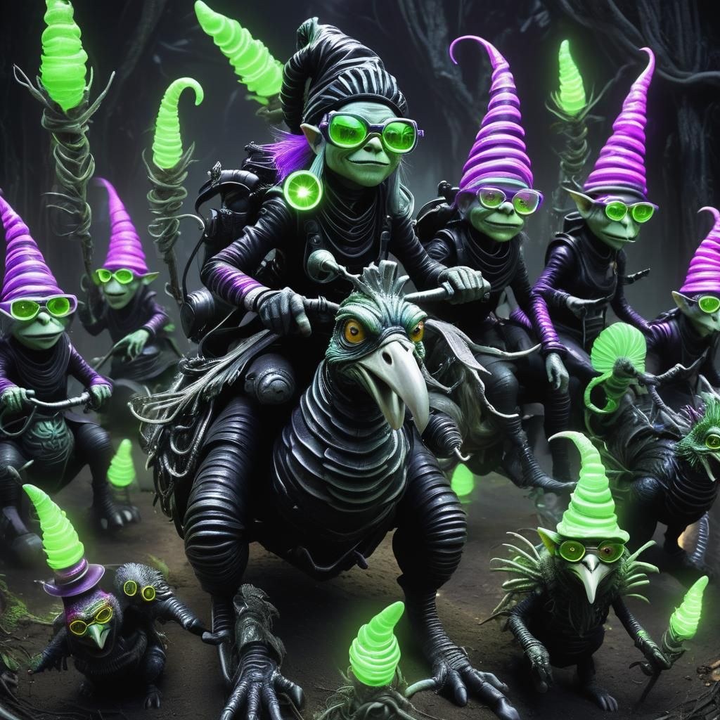 Giger-Inspired Gnomes Ride Turkeys in Dystopian World