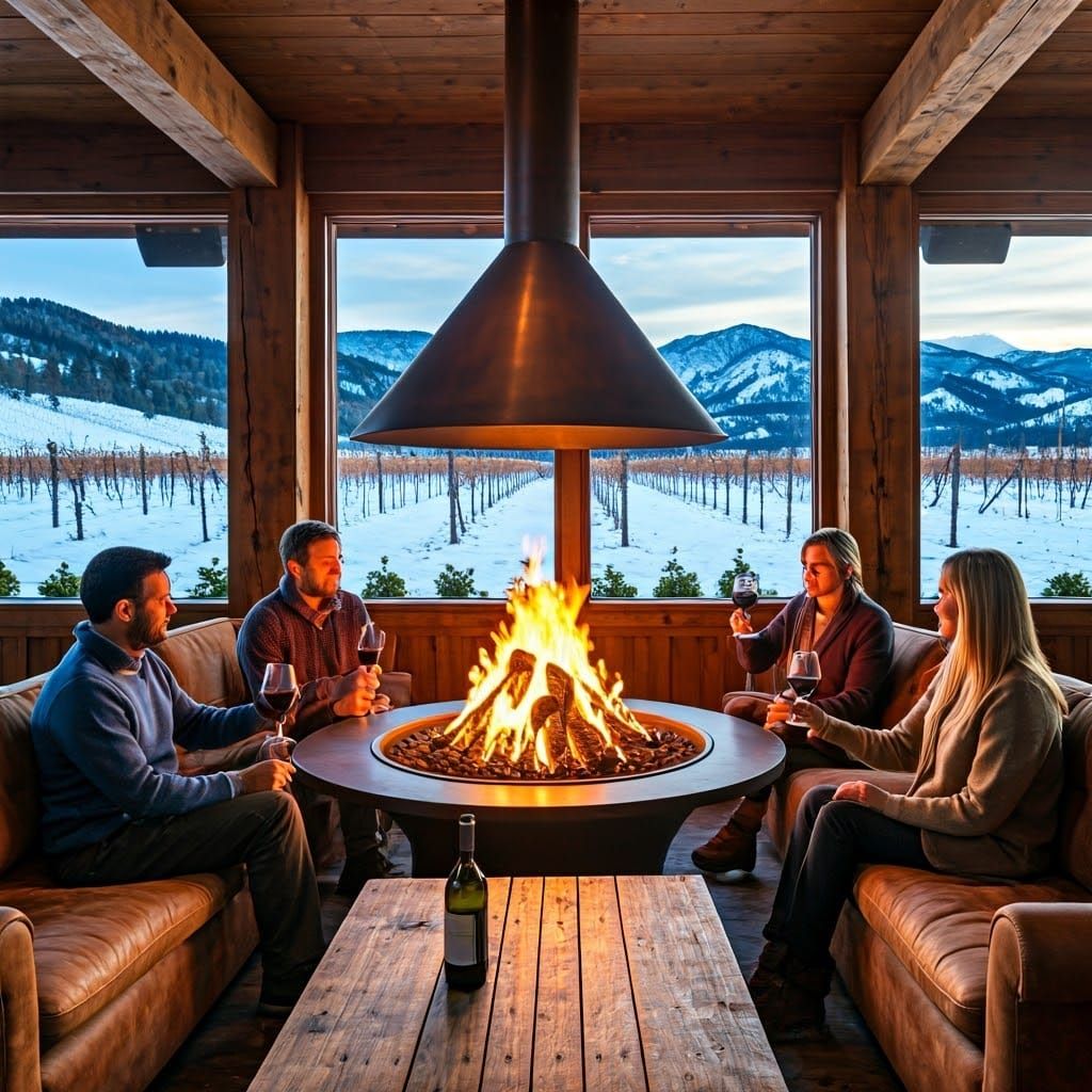 Cozy Winter Wine Tasting Lounge with Fireplace