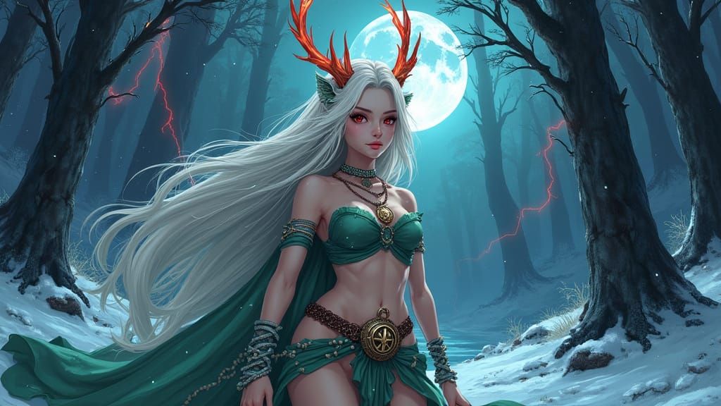 Mystical Wolf-Girl Goddess Under the Full Moon