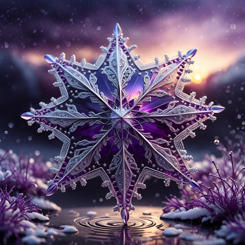 Crystal Star with Snowflakes and Colorful Sunrise