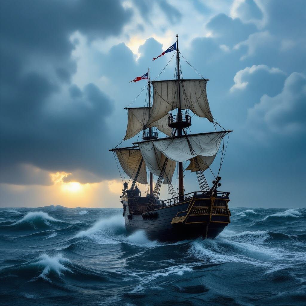 Pirate Ship Navigating a Stormy Ocean