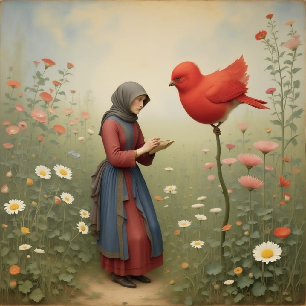 Medieval Woman with Bird in Pastel Colors