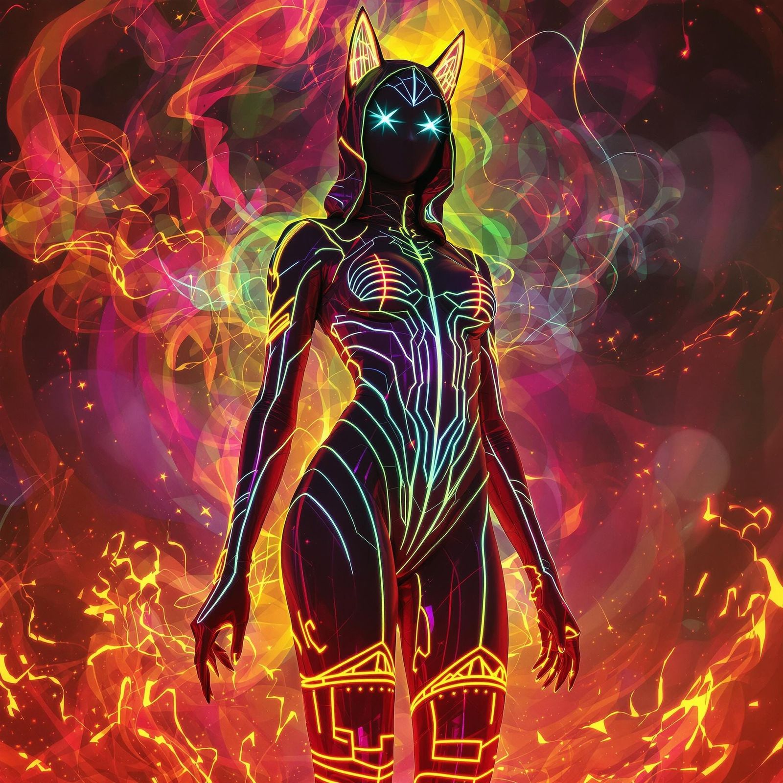 Sleek Neon Cat Sorceress in Deep Cherry Red Glowing Boots