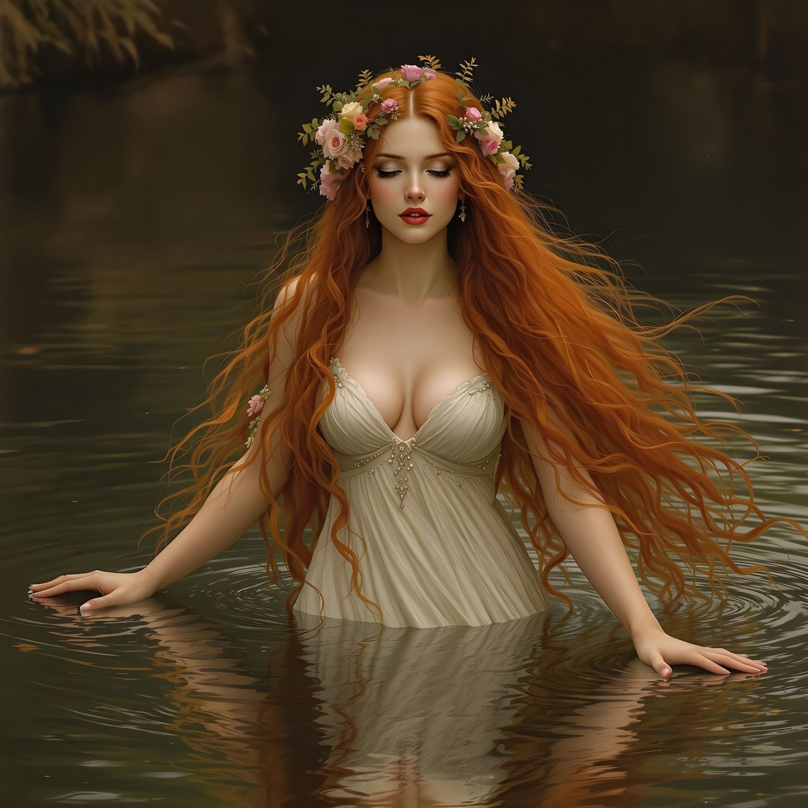 Majestic Bride of the Lake in Pre-Raphaelite Style