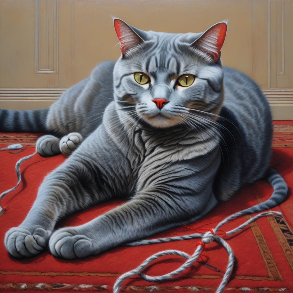Gray Cat with Red String: Photorealistic Oil Painting