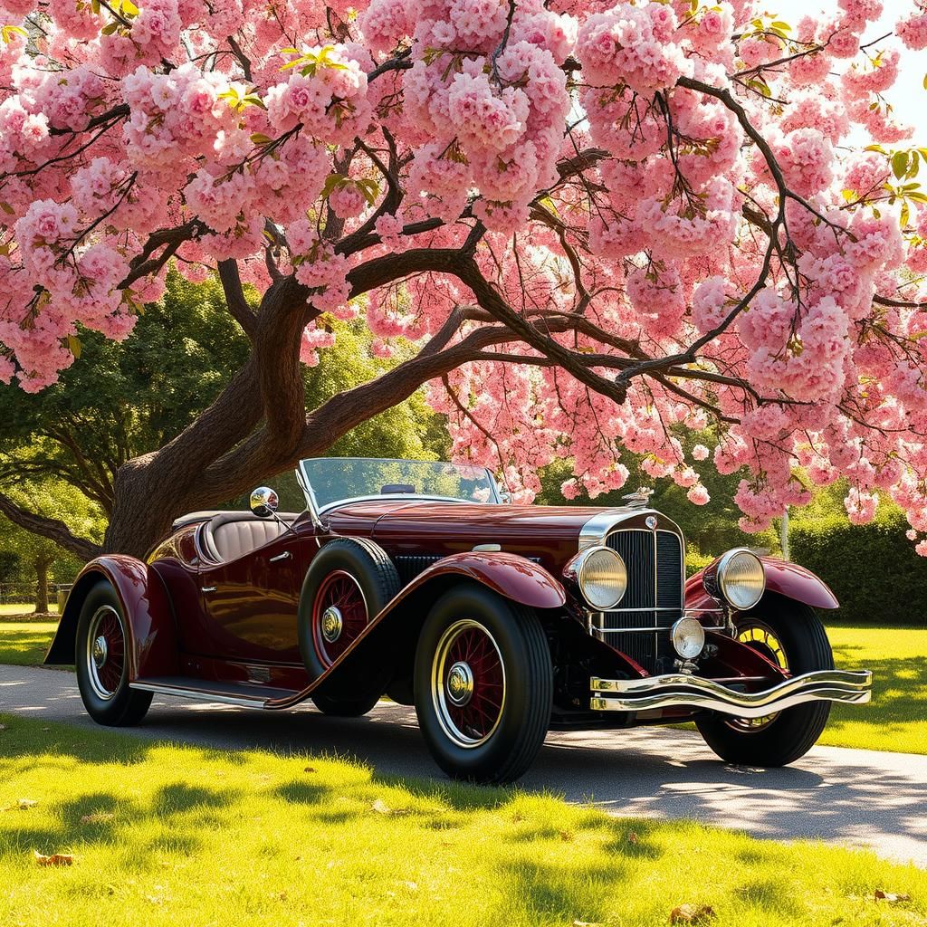 1920s Car Under Cherry Tree, Art Nouveau Style