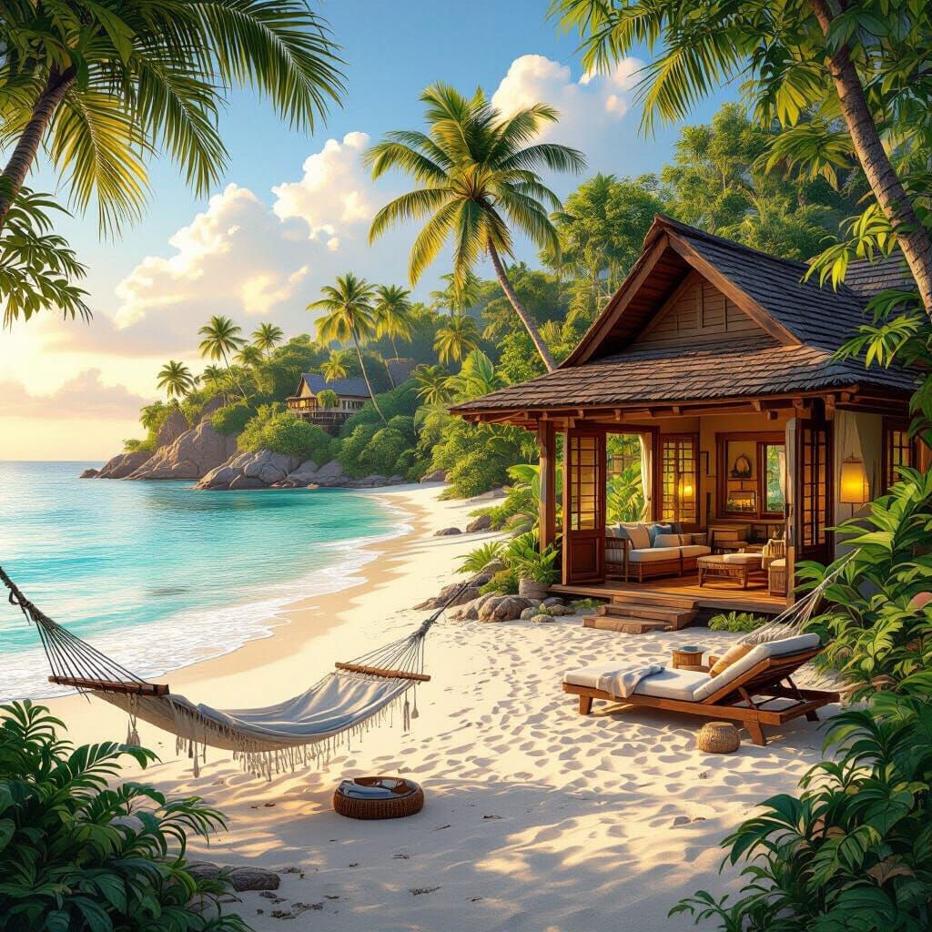 Serene Tropical Island Paradise with Golden Hour Light