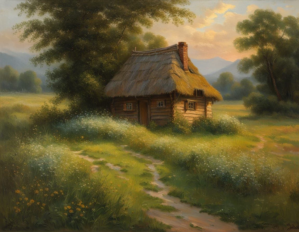 Cottage in Meadow: Classical Realism Oil Painting