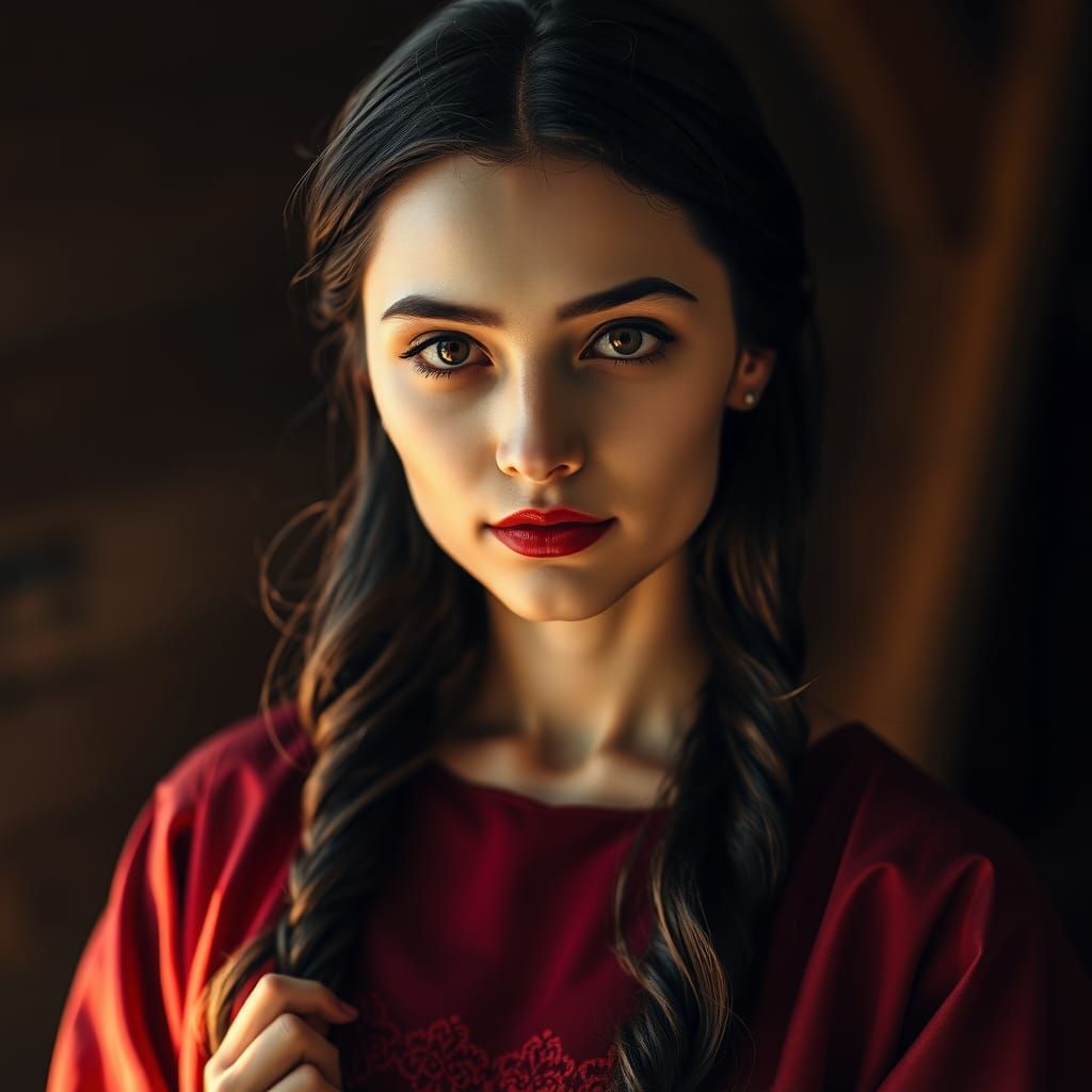 Serene Handmaiden Portrait in Cinematic Gloom