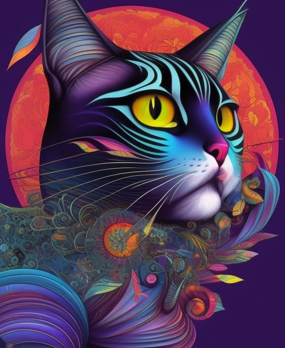 Psychedelic Mandala Cat in Art Nouveau Style